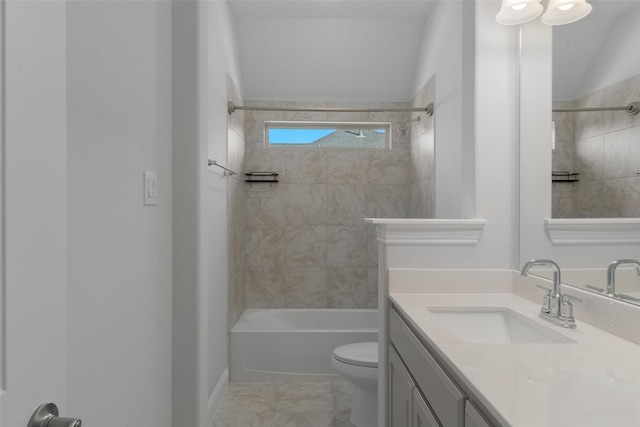 full bath featuring shower / bathing tub combination, vanity, and toilet