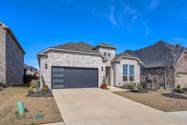 french provincial home with concrete driveway, brick siding, an attached garage, and a shingled roof