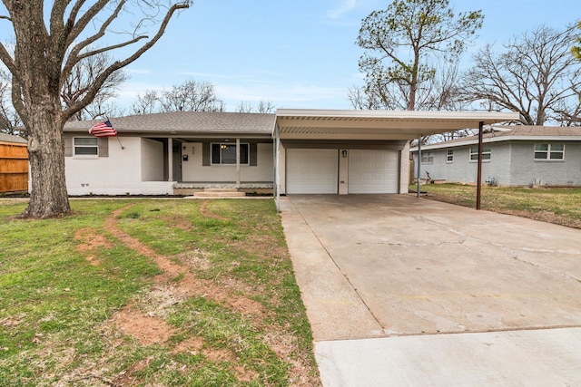 ranch-style house featuring a garage, concrete driveway, a front lawn, and brick siding