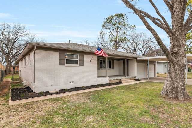 single story home featuring a garage, covered porch, brick siding, crawl space, and a front lawn