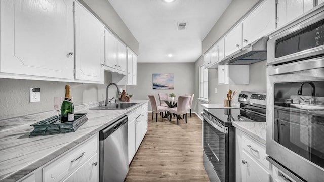 kitchen with visible vents, appliances with stainless steel finishes, white cabinets, a sink, and under cabinet range hood