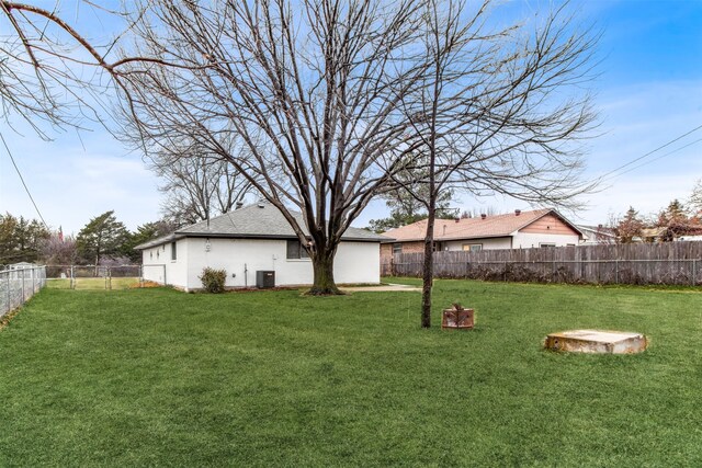 view of yard featuring a fenced backyard and central air condition unit