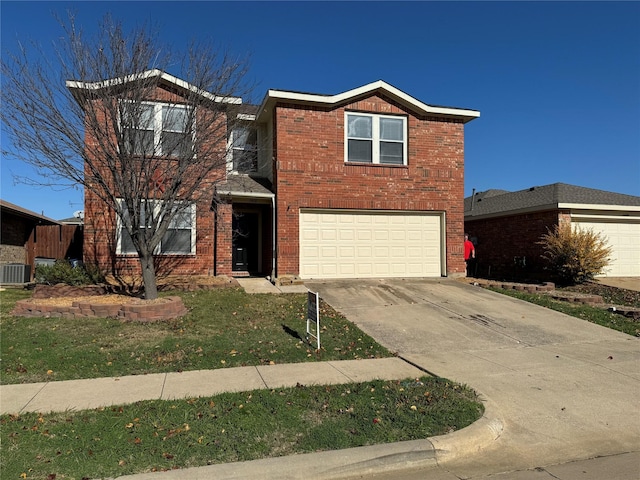 traditional-style house featuring concrete driveway, brick siding, an attached garage, and cooling unit