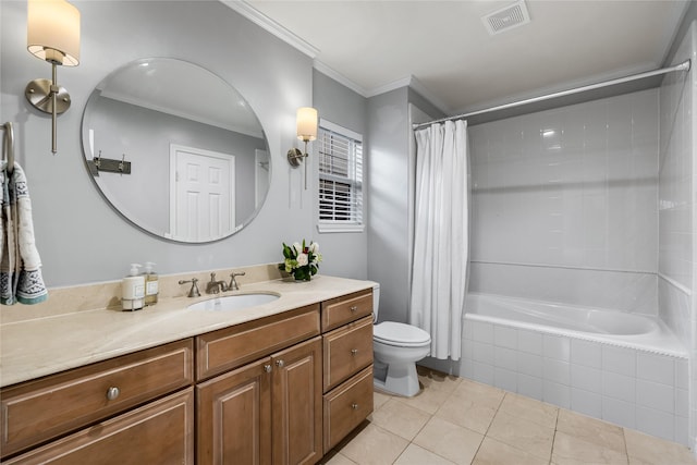 full bath featuring tile patterned flooring, tiled shower / bath combo, vanity, visible vents, and crown molding