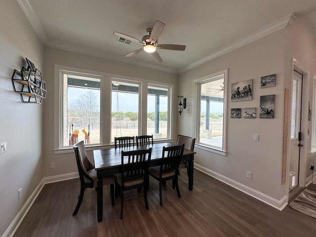 dining room featuring baseboards, dark wood-style flooring, and a wealth of natural light