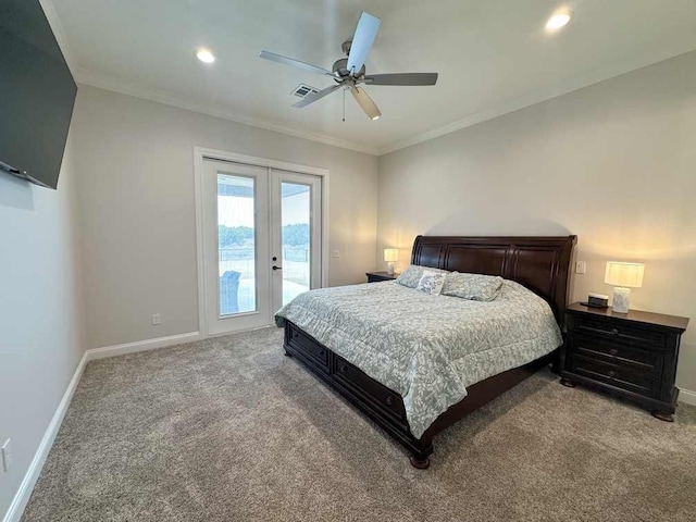 bedroom with light colored carpet, access to exterior, french doors, and visible vents