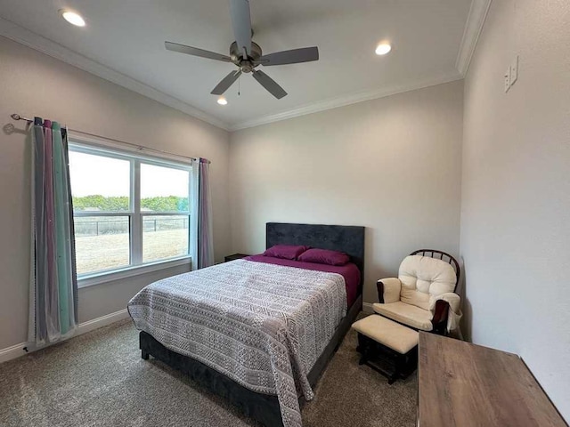 carpeted bedroom featuring recessed lighting, a ceiling fan, baseboards, and crown molding
