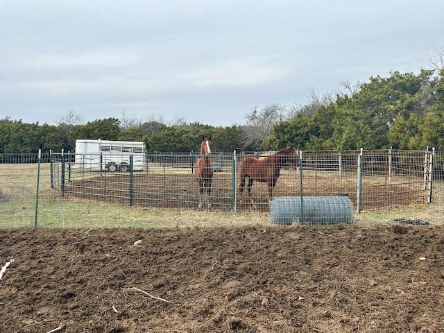 view of yard with fence, a view of trees, and a rural view