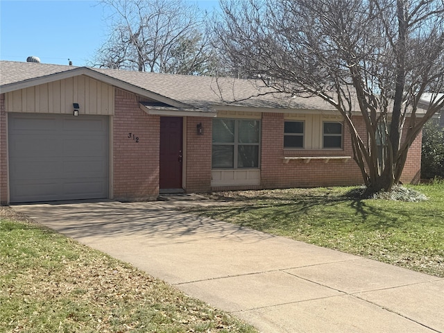 ranch-style house with brick siding, a shingled roof, concrete driveway, an attached garage, and a front yard