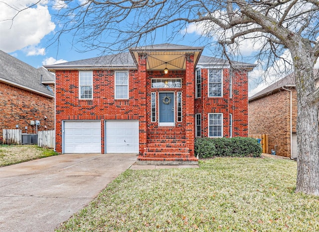 view of front of house featuring driveway, brick siding, a front lawn, and an attached garage