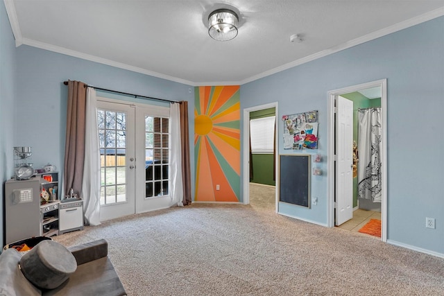 interior space featuring light carpet, baseboards, ornamental molding, and french doors