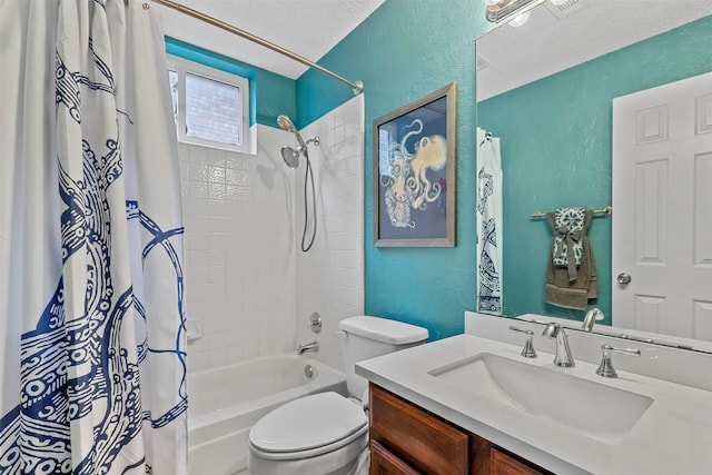 bathroom with a textured ceiling, a textured wall, toilet, shower / tub combo, and vanity