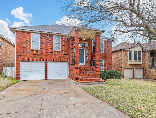 view of front of property with a garage, brick siding, fence, driveway, and a front yard