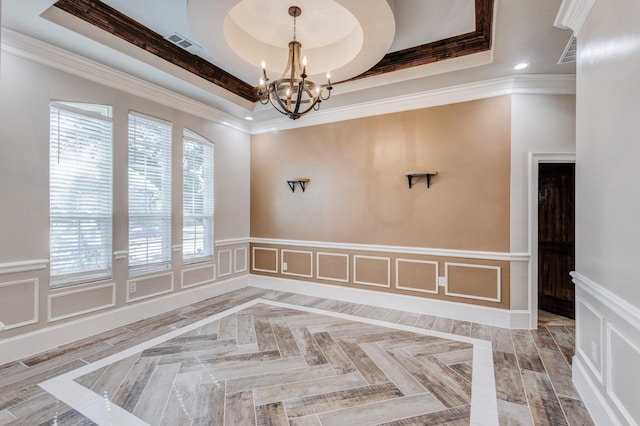 7101 Bridges Ave, Richland Hills, TX 76118 - spare room featuring a chandelier, a raised ceiling, a decorative wall, and ornamental molding