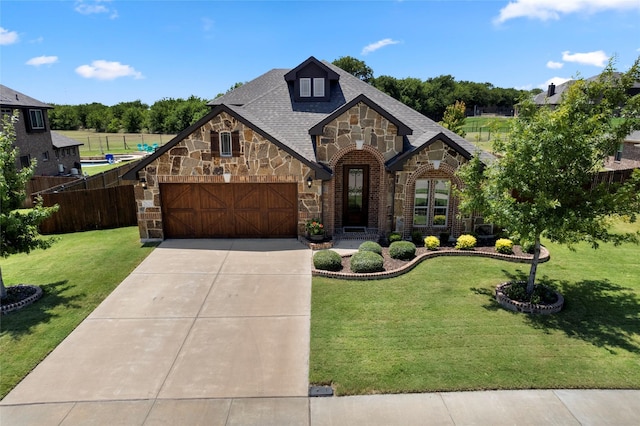 view of front of house with an attached garage, fence, stone siding, concrete driveway, and a front lawn