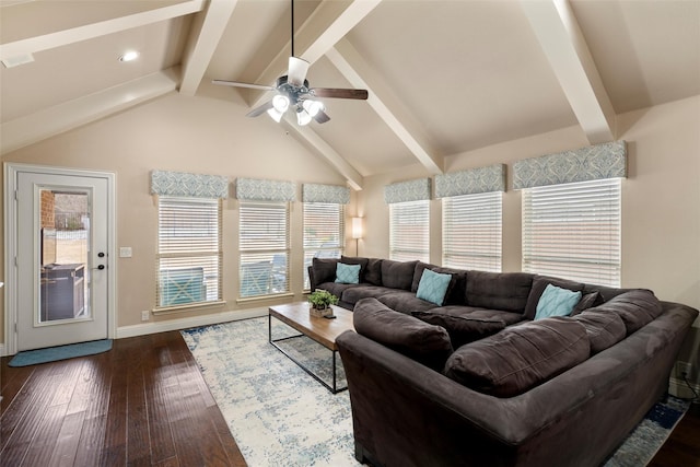 living room featuring vaulted ceiling with beams, ceiling fan, baseboards, and dark wood-style flooring