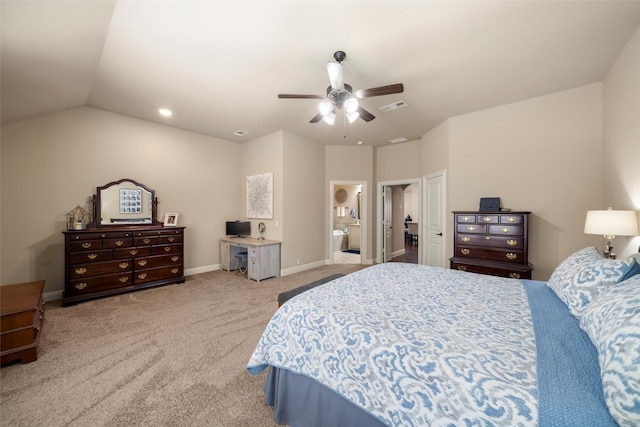 bedroom featuring light carpet, baseboards, visible vents, lofted ceiling, and ceiling fan