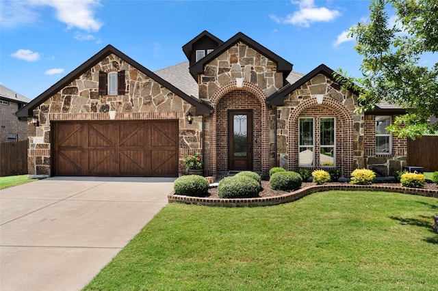 english style home with a garage, brick siding, concrete driveway, stone siding, and a front yard