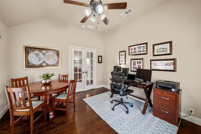 office area featuring french doors, dark wood finished floors, visible vents, vaulted ceiling, and baseboards