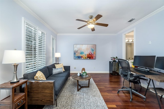 living room with dark wood-type flooring, visible vents, ornamental molding, and baseboards