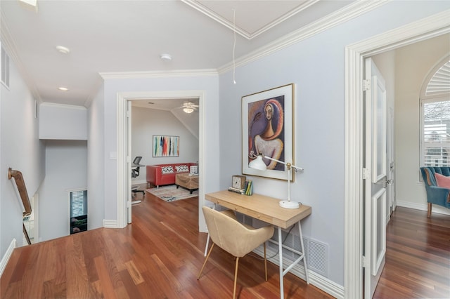 hall featuring attic access, visible vents, baseboards, dark wood-style floors, and ornamental molding