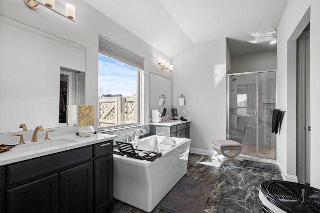 1305 Redbrick Ln, Northlake, TX 76247 - bathroom featuring two vanities, marble finish floors, a shower stall, and a tub