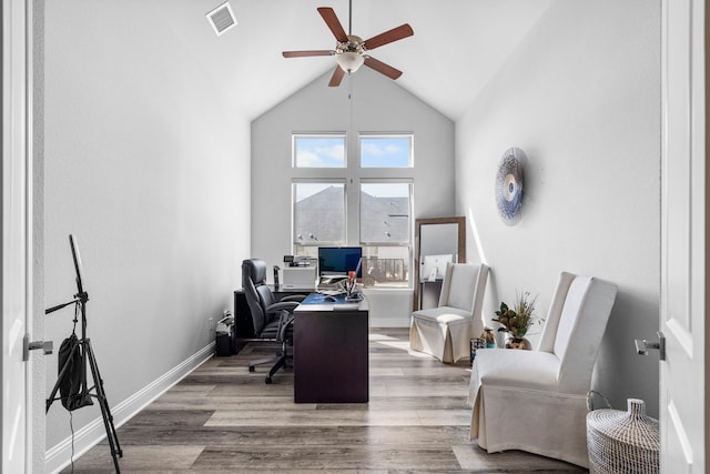 1305 Redbrick Ln, Northlake, TX 76247 - office space featuring a ceiling fan, wood finished floors, high vaulted ceiling, and baseboards