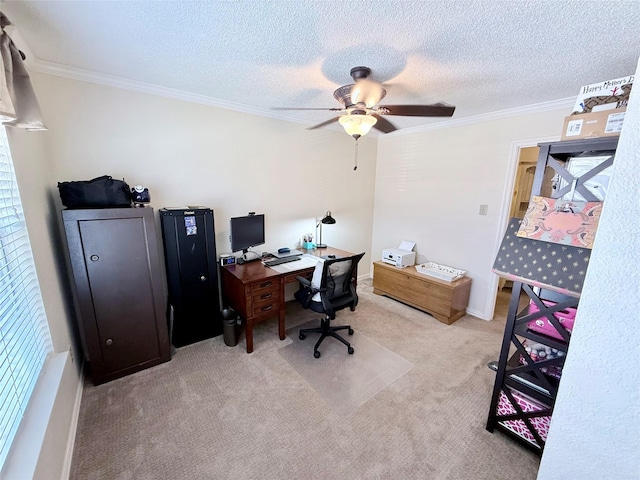 home office with a textured ceiling, ornamental molding, carpet flooring, and a ceiling fan