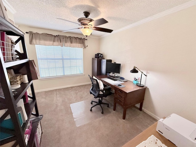 carpeted office space with ornamental molding, a textured ceiling, and baseboards