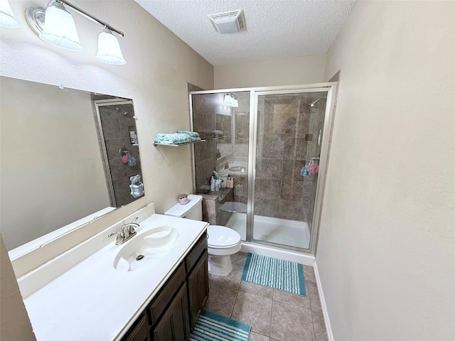 full bath featuring visible vents, toilet, tile patterned floors, a textured ceiling, and a shower stall