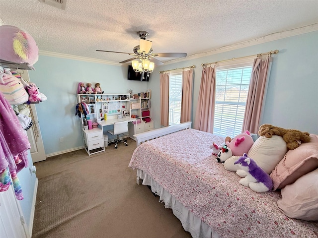 carpeted bedroom featuring baseboards, a textured ceiling, a ceiling fan, and crown molding