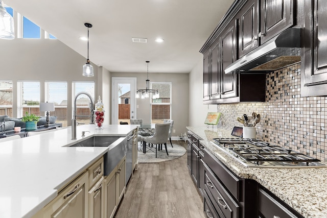 kitchen with light wood finished floors, decorative backsplash, appliances with stainless steel finishes, ventilation hood, and a sink