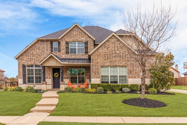 view of front of home with a standing seam roof, brick siding, roof with shingles, and a front lawn