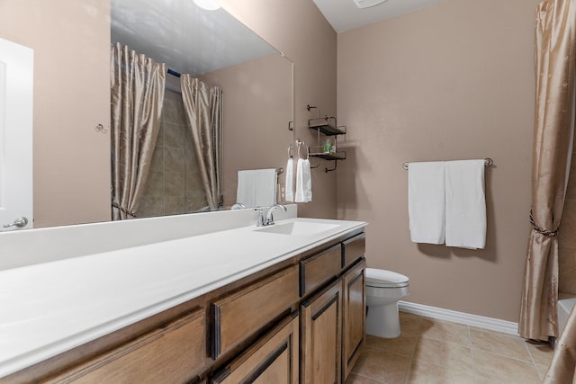 bathroom with baseboards, toilet, a shower with curtain, tile patterned flooring, and vanity