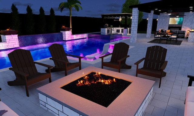 pool at night featuring an infinity pool, a patio, an outdoor fire pit, and area for grilling