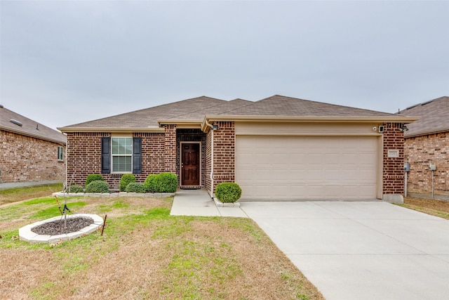 ranch-style home with a front lawn, brick siding, driveway, and an attached garage