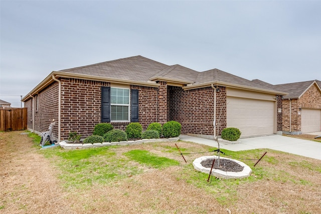 ranch-style house featuring a garage, driveway, fence, and brick siding