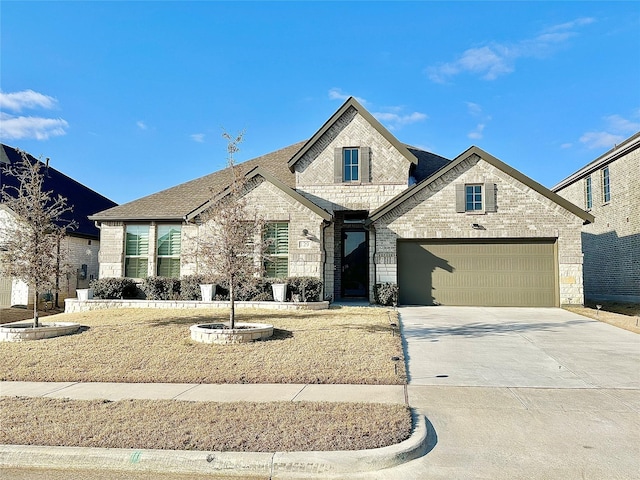 french country style house featuring brick siding, a shingled roof, concrete driveway, a garage, and stone siding