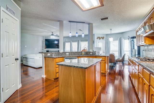 kitchen with a kitchen island, open floor plan, decorative light fixtures, a peninsula, and stainless steel appliances