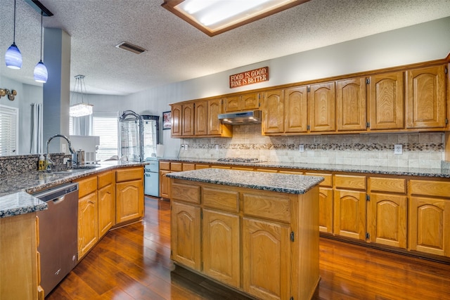 kitchen featuring stainless steel appliances, hanging light fixtures, a sink, a kitchen island, and under cabinet range hood