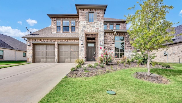 view of front of property featuring stone siding, concrete driveway, a front yard, and brick siding