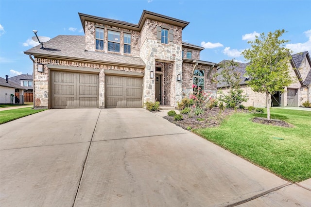 view of front of house with driveway, a garage, stone siding, a front yard, and brick siding