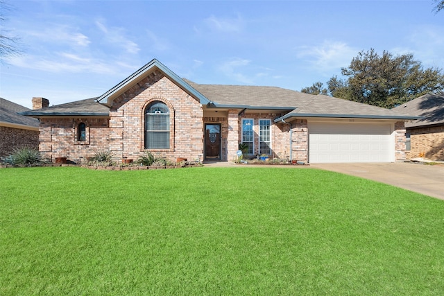 ranch-style home featuring an attached garage, a front lawn, concrete driveway, and brick siding