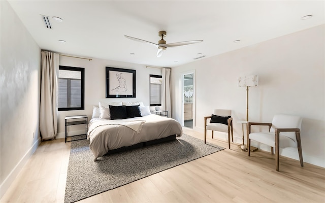 16912 Park Hill Dr, Dallas, TX 75248 - bedroom with light wood finished floors, baseboards, visible vents, recessed lighting, and ceiling fan