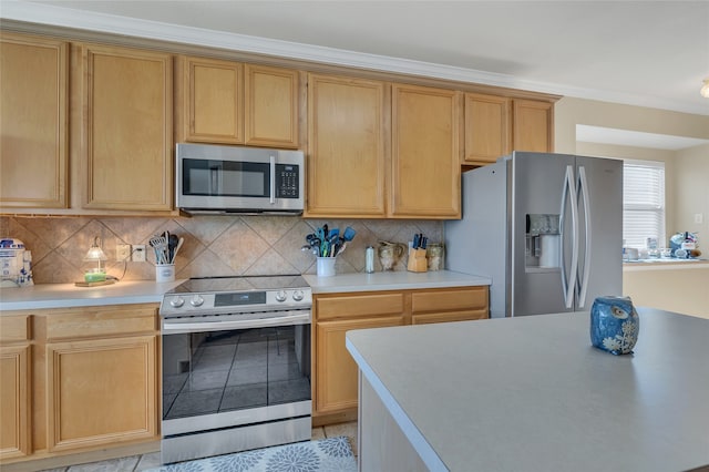 kitchen featuring tasteful backsplash, crown molding, stainless steel appliances, and light countertops