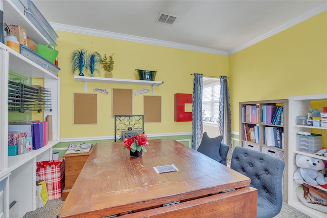 office area with ornamental molding, visible vents, and baseboards