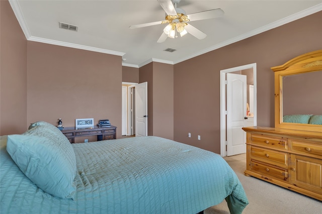 bedroom with light carpet, ceiling fan, visible vents, and ornamental molding