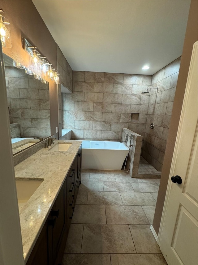 bathroom featuring walk in shower, a sink, a freestanding bath, and double vanity