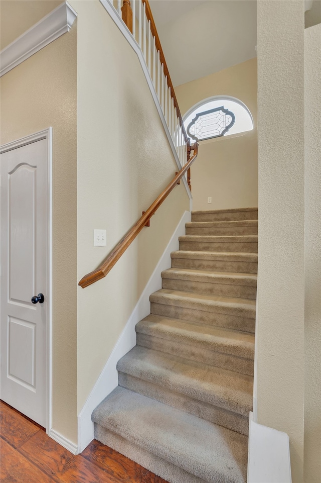 staircase with baseboards and wood finished floors