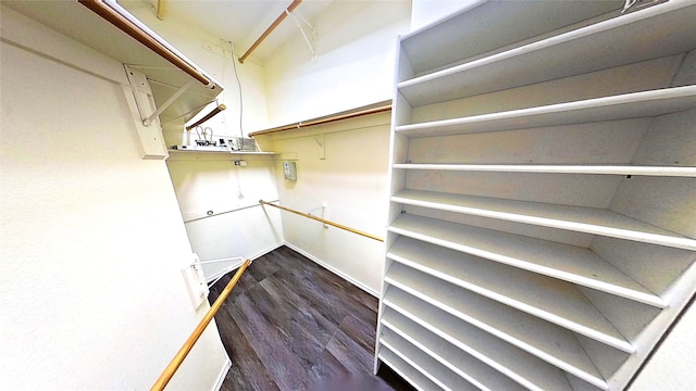 walk in closet featuring dark wood-style flooring